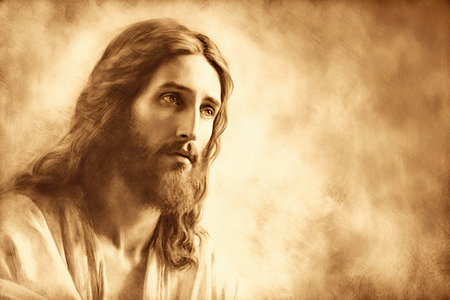 Retro Illustration of Jesus Christ. AI generative. Retro Painting Texture.の素材