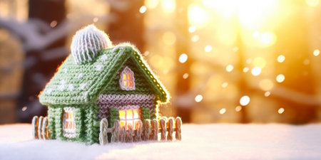 Knitted Green House in Winter Sunny Scenery. AI generative. Heating System Concept.の素材