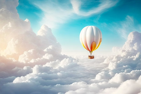 White Hot Air Balloon Above White Clouds. AI generative.の素材