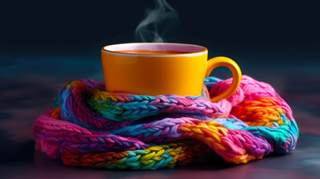 Cup of Steaming Hot Tea Coffee, Knitted Colorful Scarf. AI generative. Cozy Hygge Atmosphere at Home. Selective Focus.の素材
