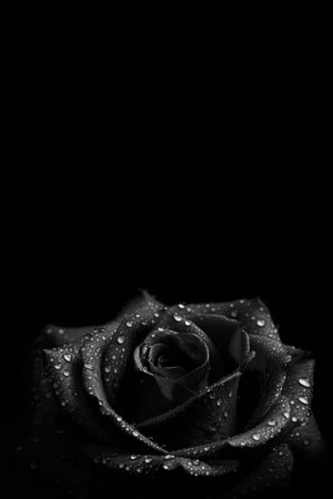 Black Rose with Droplets isolated on Black Background. Copy Space. Vertical. AI Generativeの素材