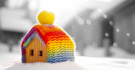 Knitted Wooden Coloful House in Winter Sunny Scenery. AI generative. Heating System Concept.の素材