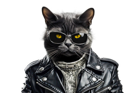 Rocker Punk Cat in Leather Outfit and Sunglasses. AI generative. Isolated on White Background.の素材