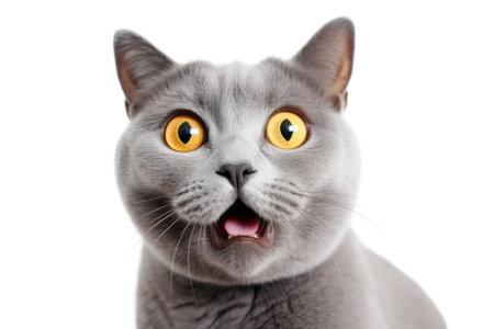 Close-up Funny Portrait of Surprised British Cat with Huge Yellow Eyes. AI generative. Isolated on White and png Transparent Background.の素材