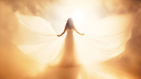Woman Angel in White Long Transparent Dress Softly Back Lighted, magic, dreamy, fantasy. AI generativeの素材