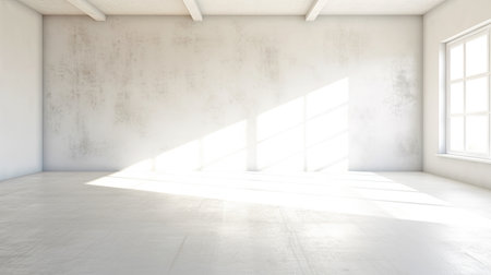 Minimalistic Sunny White Room with Blank Wall and Sunny Window. AI generative. Bright Warm Tones, Mock Up.の素材