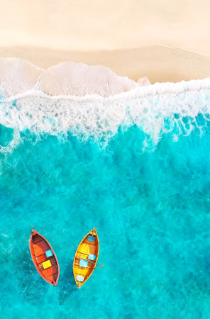 Aerial View of Sandy Tropical Beach and Ocean with Red and Yellow Boats Floating on Turquoise Water. AI generative. Summer Poster Background.の素材