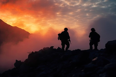 Two Army Soldiers Silhouettes in Action Against the Sunset on Hill. Generative AI.の素材