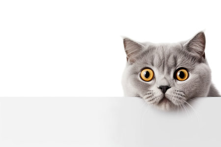 Surprised British Cat Above Banner Isolated on White. AI generative. Web Banner, template, copy space.の素材