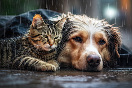 Homeless Cat and Dog Lying Together During Rain Outside. AI generativeの素材