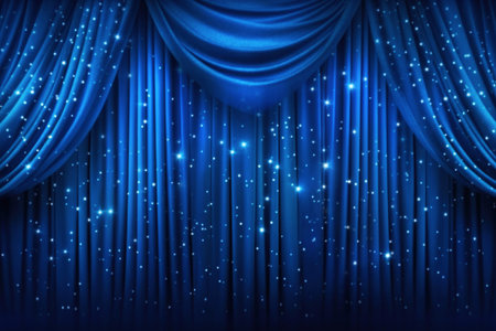 Blue Stage Theater Curtain with Spotlights and Sparkles. generative AI.の素材