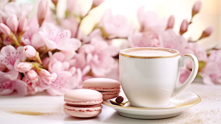 Cup of Coffee with Pink Macaroons Dessert Against Blurred Pink Flowers Banner. generative AI. Selective Focus.の素材