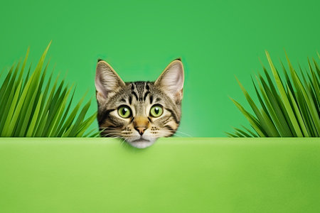 Ginger Kitten Above Green Banner Looking From Behind Grass. generative AI.の素材