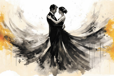 Graphic of Man and Woman in Elegant Waltz Dance. generative AI. Ink Painting in Black, White and Orange.の素材