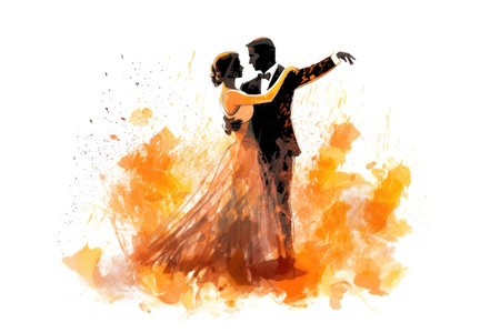 Graphic of Couple in Elegant Waltz Dance. generative AI. Ink Painting in Black, White and Orange Isolated on White.の素材