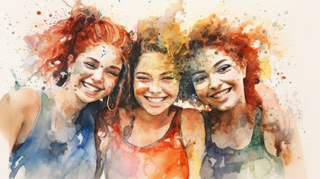 Happy Smiling Multinational Women Group Watercolor Illustration, generative aiの素材