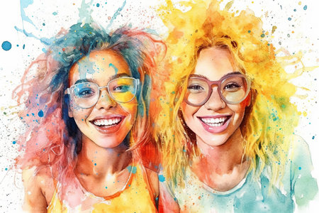 Happy Smiling Two Women in Glasses Watercolor Illustration, generative ai, white background.の素材