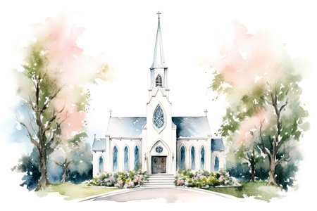 Watercolor Church on White, generative ai, weddingの素材