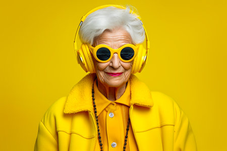 Happy Elderly Woman with HeadPhones in Yellowの素材