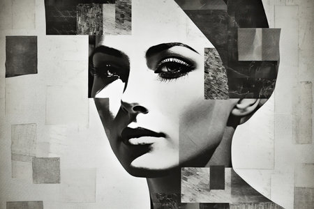 Abstract Art Collage of Serious Woman Face in Black and White, Psychology, Loneliness, Illustrationの素材