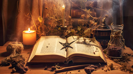 Witch Magical Book Dark Interior with Candlesの素材