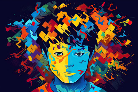 Artistic Colorful Portrait of Child Boy. Autism Awareness Day, Neurodiversity.の素材