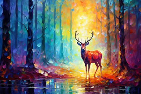 Red Deer Standing in Autumn Fall Forest Painting. Canvas Texture.の素材