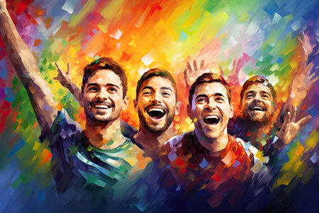 Happy Smiling Men Group Acrylic Painting Against Colorful Background. Canvas Texture, Brush Strokes.の素材