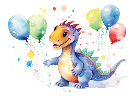 Cute Dinosaur with Colorful Balloons Isolated on White Background Watercolor Illustration. Greeting Birthday Card for Childrenの素材