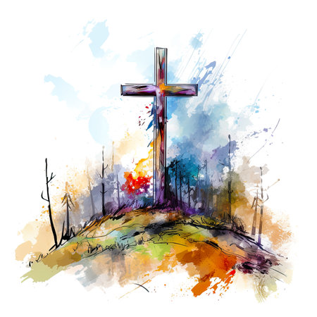Christian Cross Standing on Hill Against Colorful Watercolor Splashes Isolated on White Background, Religious Symbolの素材