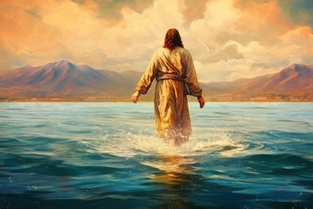 Jesus Christ Walking on the Water on the Sea of Galilee, Antique Old Parchment Grainの素材