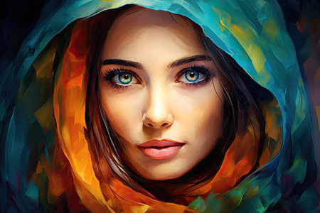 Woman Portrait with Blue Eyes on Canvas Acrylic Painting Texture. Multicolored Acrylic Paints in Large Strokes.の素材