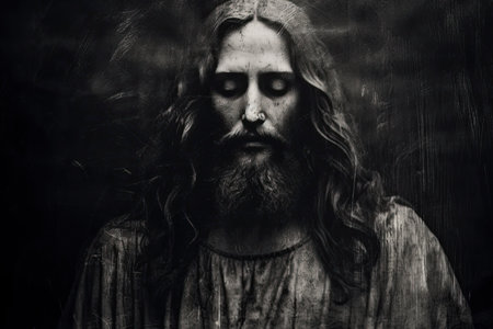 Jesus Christ Portrait in Hood. Black and White Grunge Old Picture Grainの素材