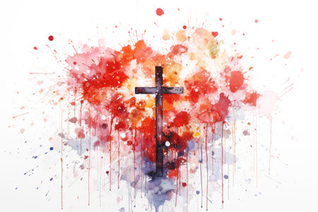 Christian Dark Cross Against Colorful Watercolor Splashes Isolated on White Background, Religious Symbolの素材
