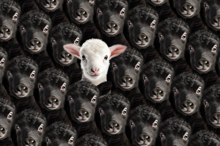 White Sheep Among Black Ones, Standing Out of Crowd, Be Different Concept.の素材