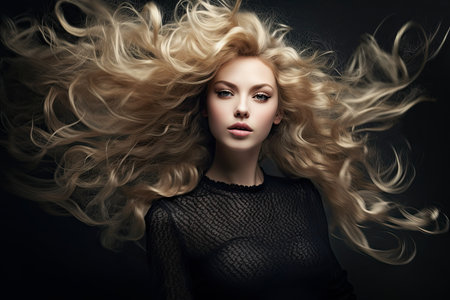 Portrait of Beautiful Woman with Long Curly Blonde Wavy Hair Flying in the Wind. copy space.の素材