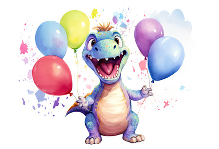 Cute Colorful Dinosaur with Balloons Isolated on White Watercolor Illustration. Greeting Birthday Card for Childrenの素材