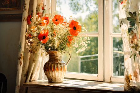 Bunch of Field Poppies Flowers in Vase Against Old Sunny Window Painting. Canvas Texture.の素材