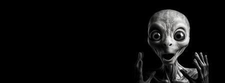 Surprised Shocked Black and White Alien Portrait on Black Background Bannerの素材