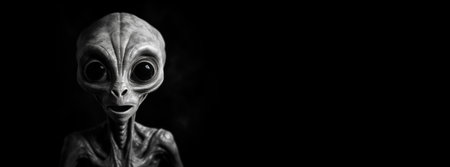 Surprised Shocked Black and White Alien Portrait on Black Background Bannerの素材