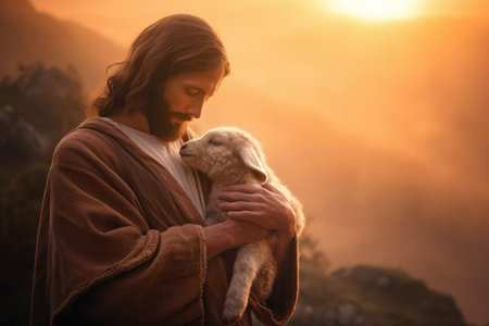 Shepherd Jesus Christ Taking Care of One Missing Lamb. Warm Toned Soft Pictureの素材