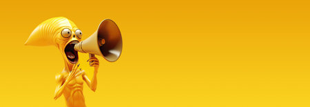 Alien Shouting on Megaphone Yellow Banner Conceptの素材