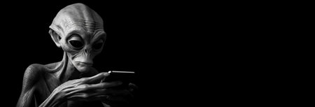 Alien Focused on Using Smartphone on Black Background Bannerの写真素材