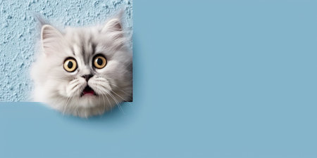 Surprised Cute Persian Cat with Big Eyes Leaning Out of Square Hole on Blue Background.の素材