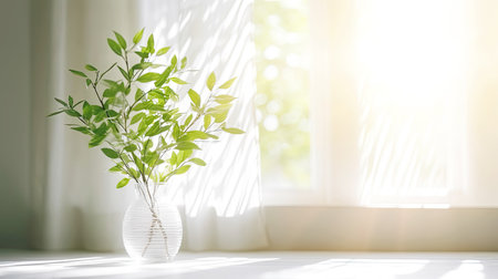 Minimalistic Light White Interior with Green Plant in a Pot Against Sunny Window. Bright Tones.の素材