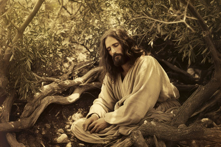 Jesus Praying in the Garden of Olives, Vintage Picture.の素材