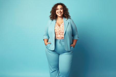Portrait of Happy Smiling Overweight Woman Against Blue Backgroundの素材