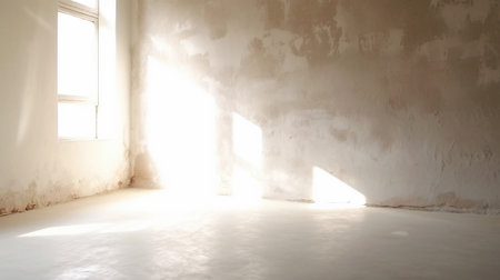 Aged Sunny White Room with Blank Destroyed Wall and Sunny Window. Bright Warm Tones, Mock Up.の素材