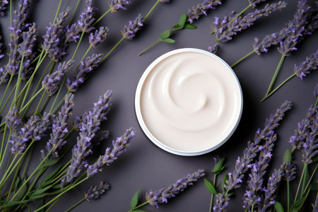 Opened Container with Cream Surrounded by Lavender Flowers on Purple Background, Natural Cosmeticの素材
