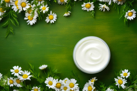 Opened Container with Cream Surrounded by Chamomile Flowers on Green Background, Natural Cosmeticの素材